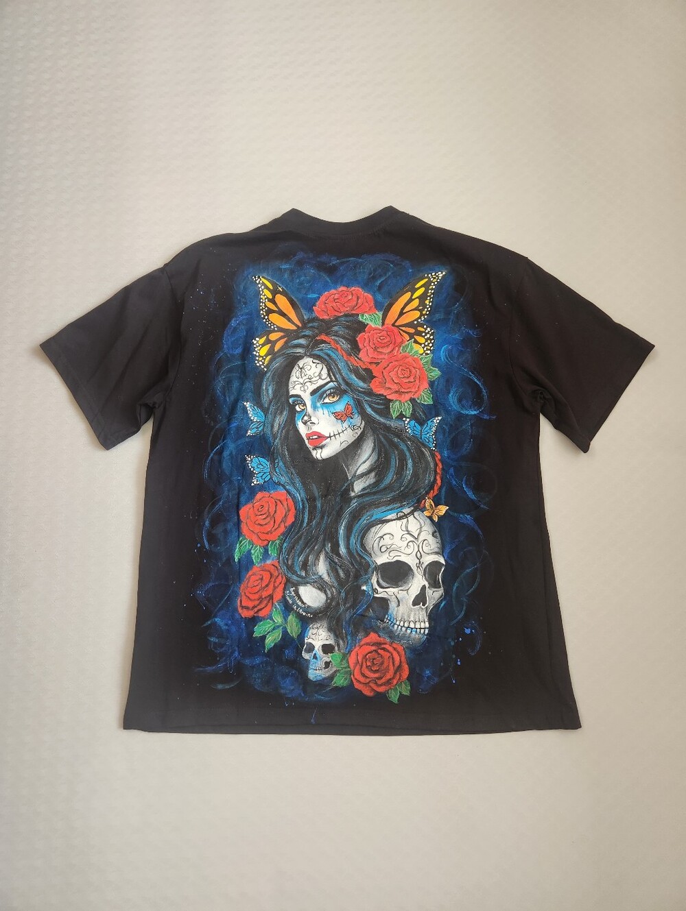Halloween T-shirt M Black Cotton Handpainted Skull Rose Dead La Catrina Art New - Picture 2 of 12